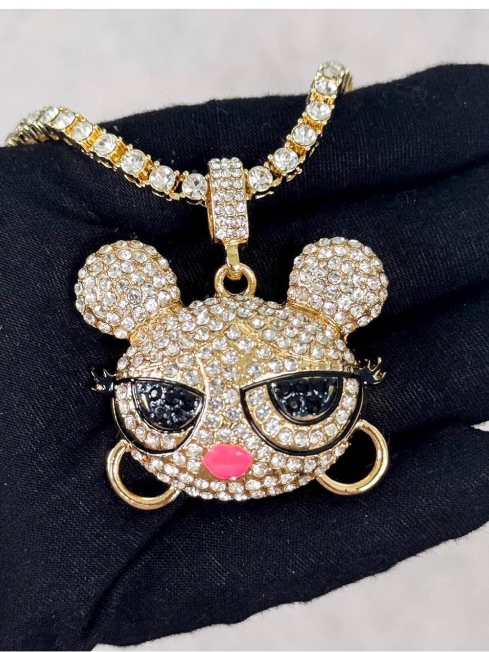 Crystal Studded Character Pendant Necklace with Pink Accent